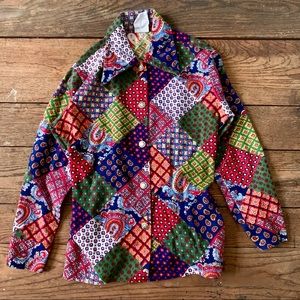 Vintage 70s Kids Faux Patchwork Cotton Shirt